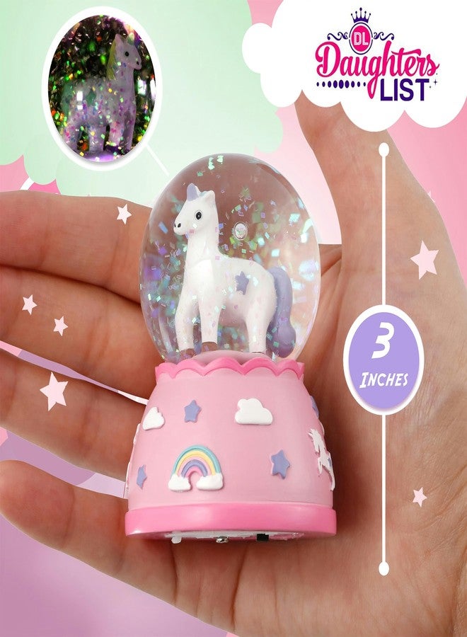 DAUGHTERS LIST كرة ثلجية صغيرة غير قابلة للكسر على شكل وحيد القرن - كرة بلاستيكية مطلية يدويًا مع أضواء، زينة لامعة براقة، فكرة هدية رائعة لأعياد الميلاد والكريسماس، صغيرة جدًا للأطفال الصغار - Image 3